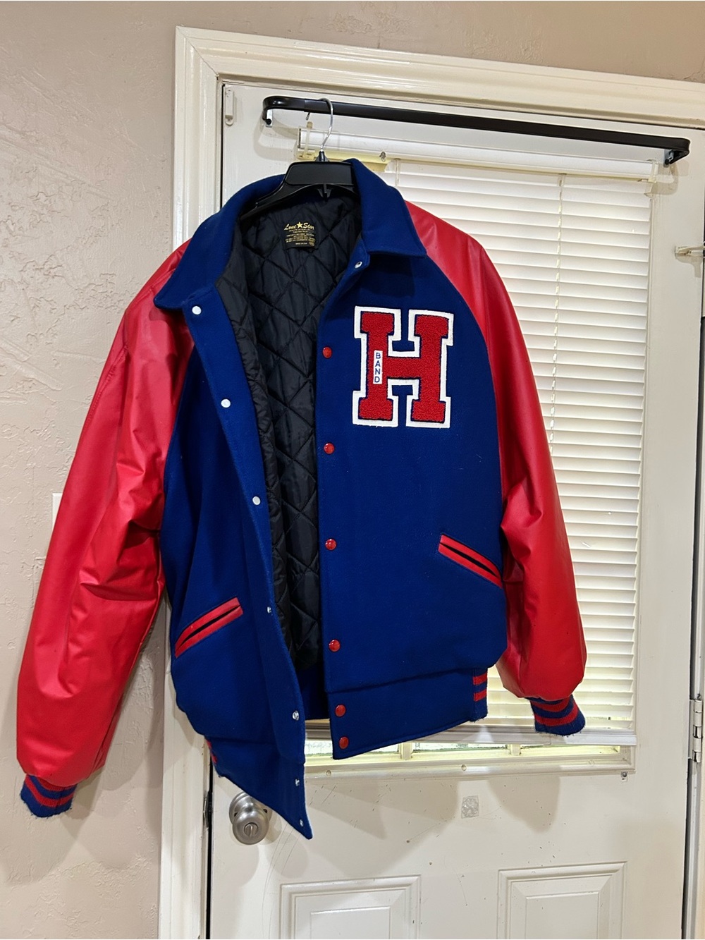 Men's Blue & Red Varsity Letterman Jacket with H Patch - Picture 5 of 8
